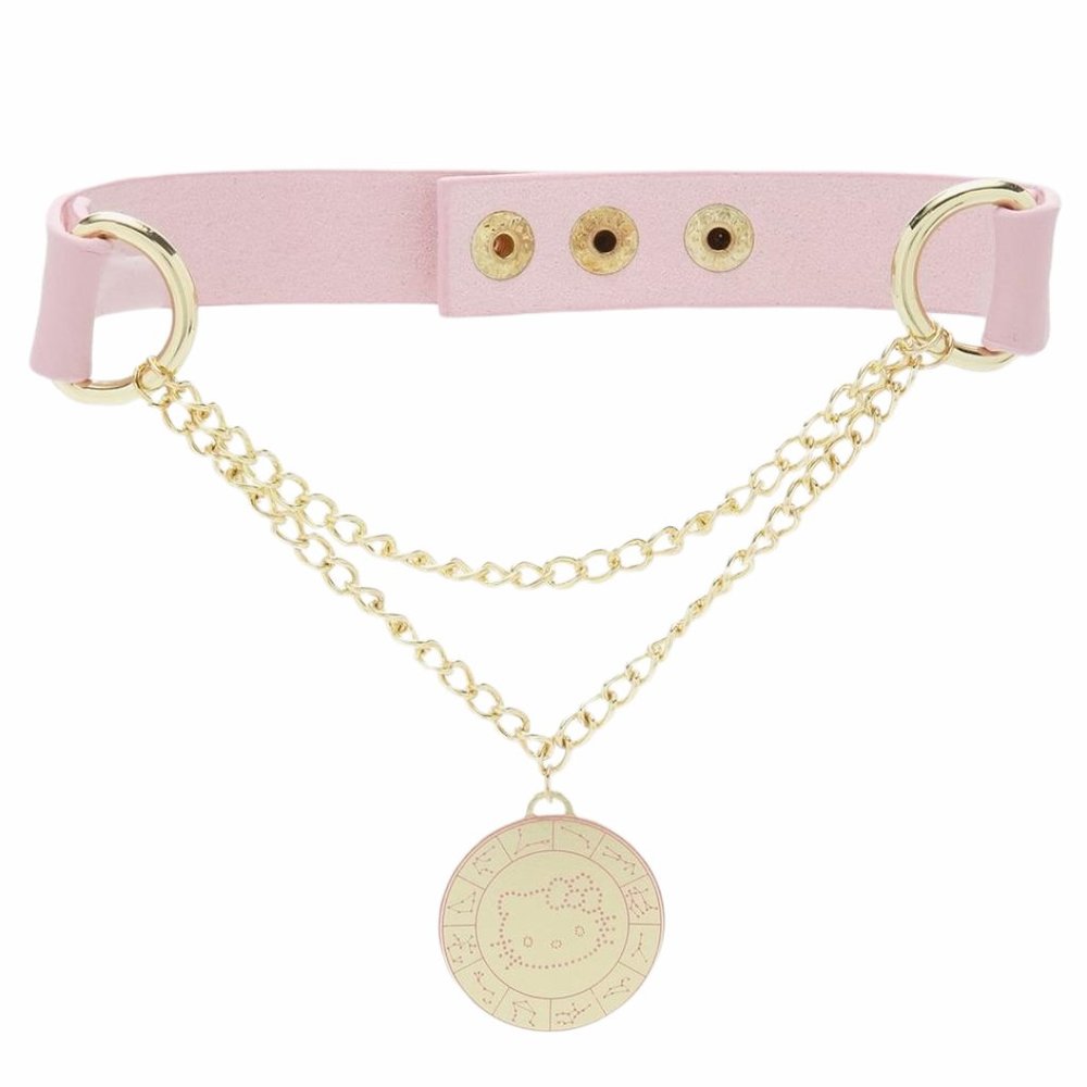 🆕Hello Kitty Constellation Gold Pendant Chain Pink Leather Choker Necklace